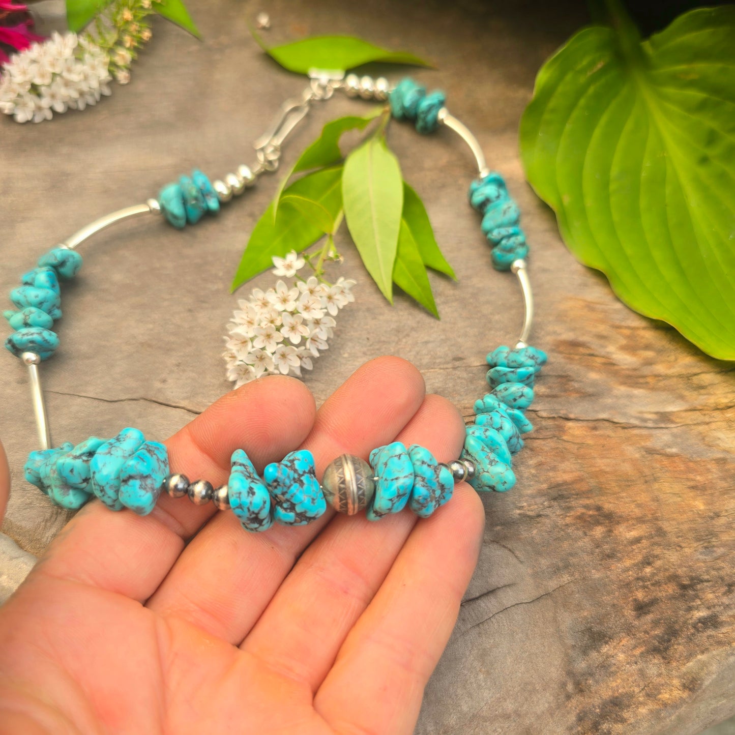 Rough Turquoise & Sterling Silver Beaded Necklace