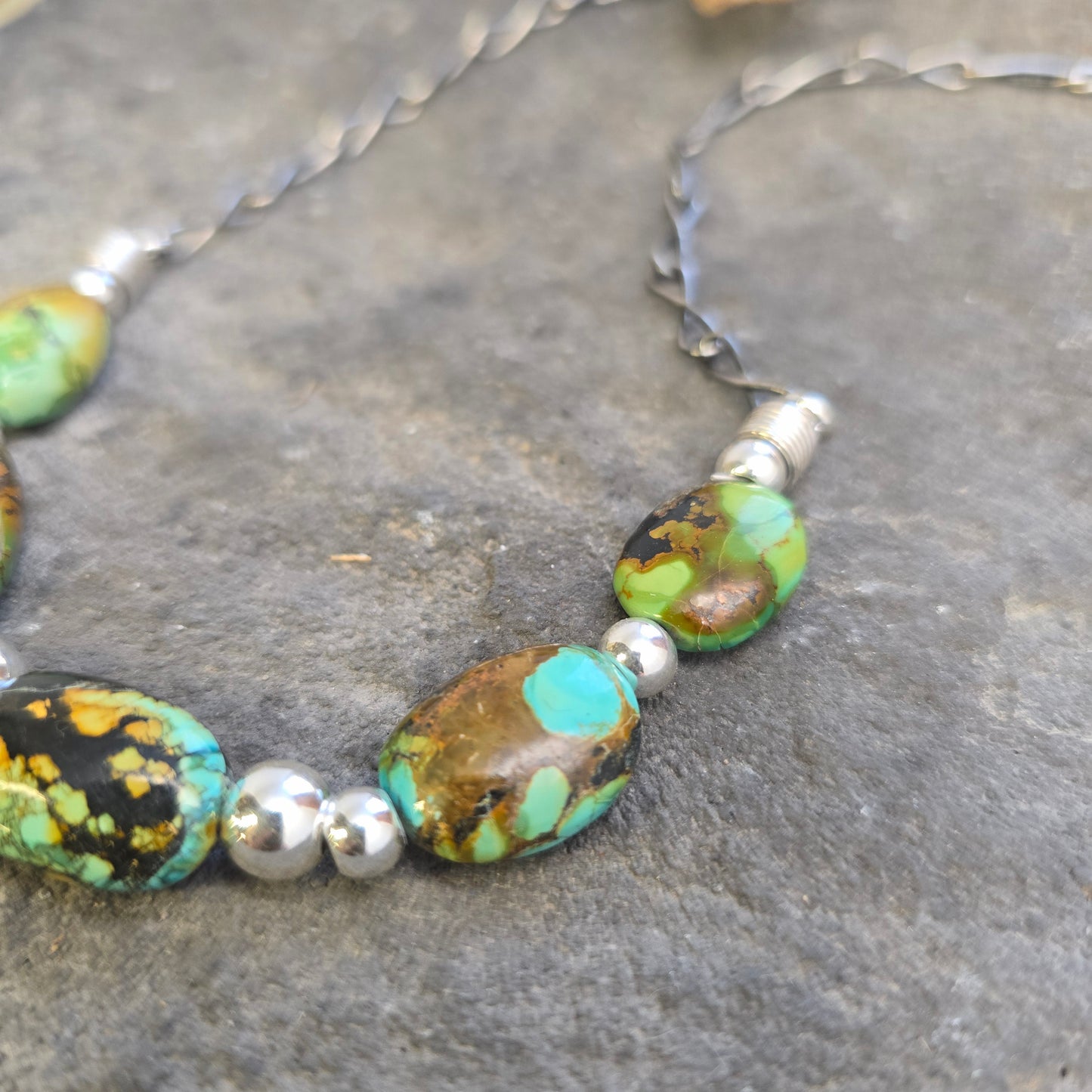 Genuine Rough Turquoise Beaded Necklace with Hand-Forged Sterling Silver Chain
