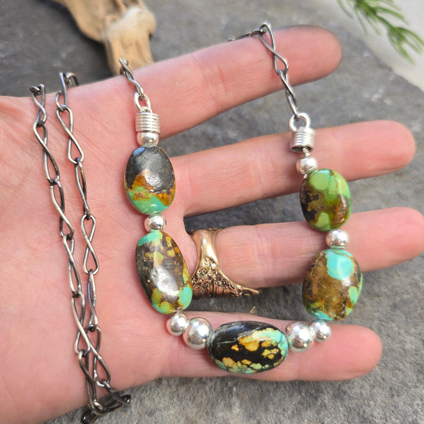 Genuine Rough Turquoise Beaded Necklace with Hand-Forged Sterling Silver Chain