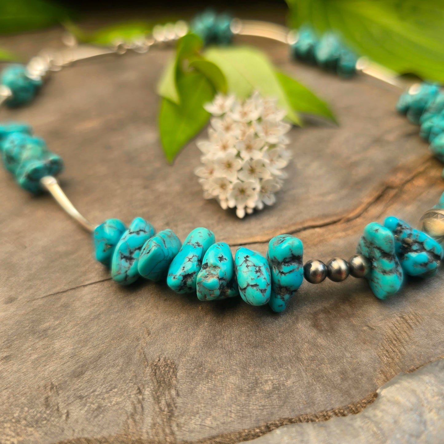 Rough Turquoise & Sterling Silver Beaded Necklace