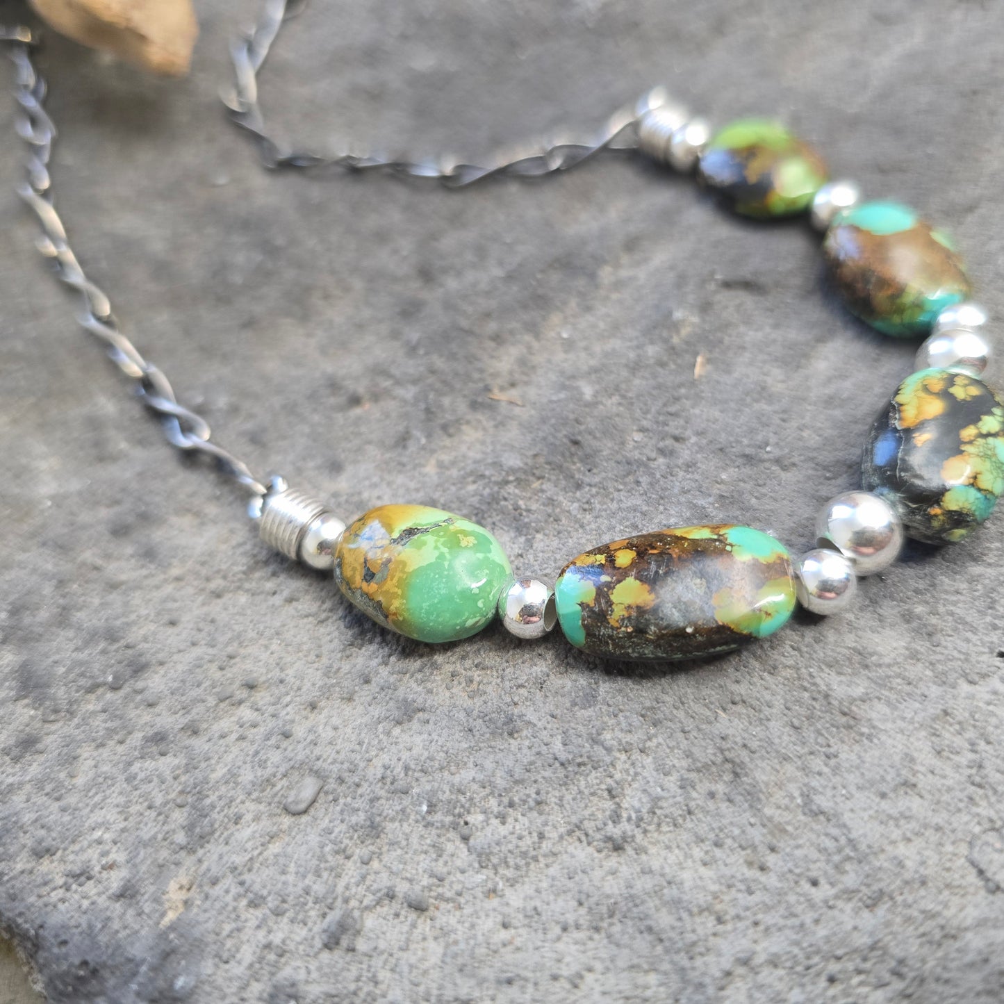 Genuine Rough Turquoise Beaded Necklace with Hand-Forged Sterling Silver Chain