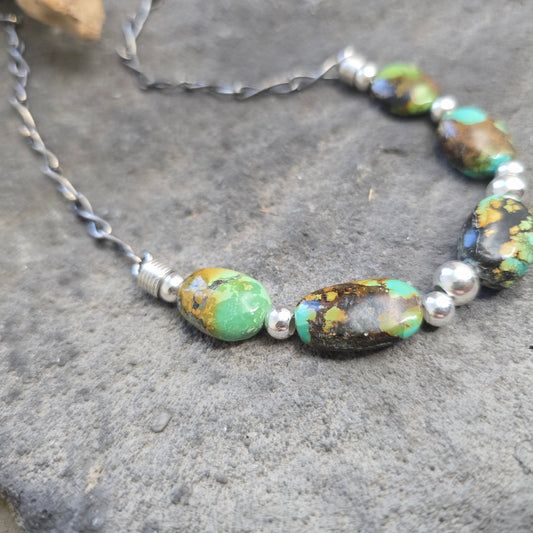 Genuine Rough Turquoise Beaded Necklace with Hand-Forged Sterling Silver Chain