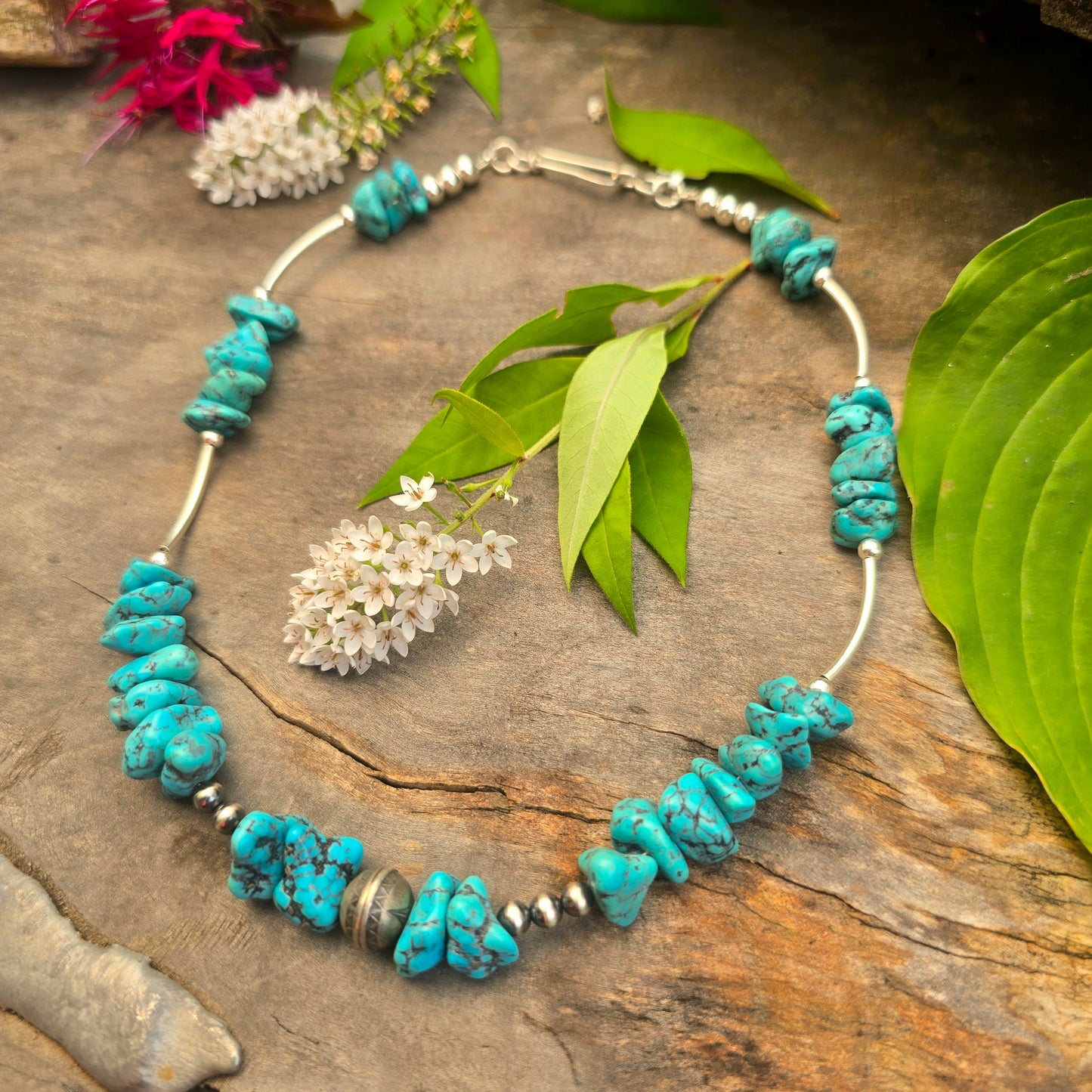 Rough Turquoise & Sterling Silver Beaded Necklace