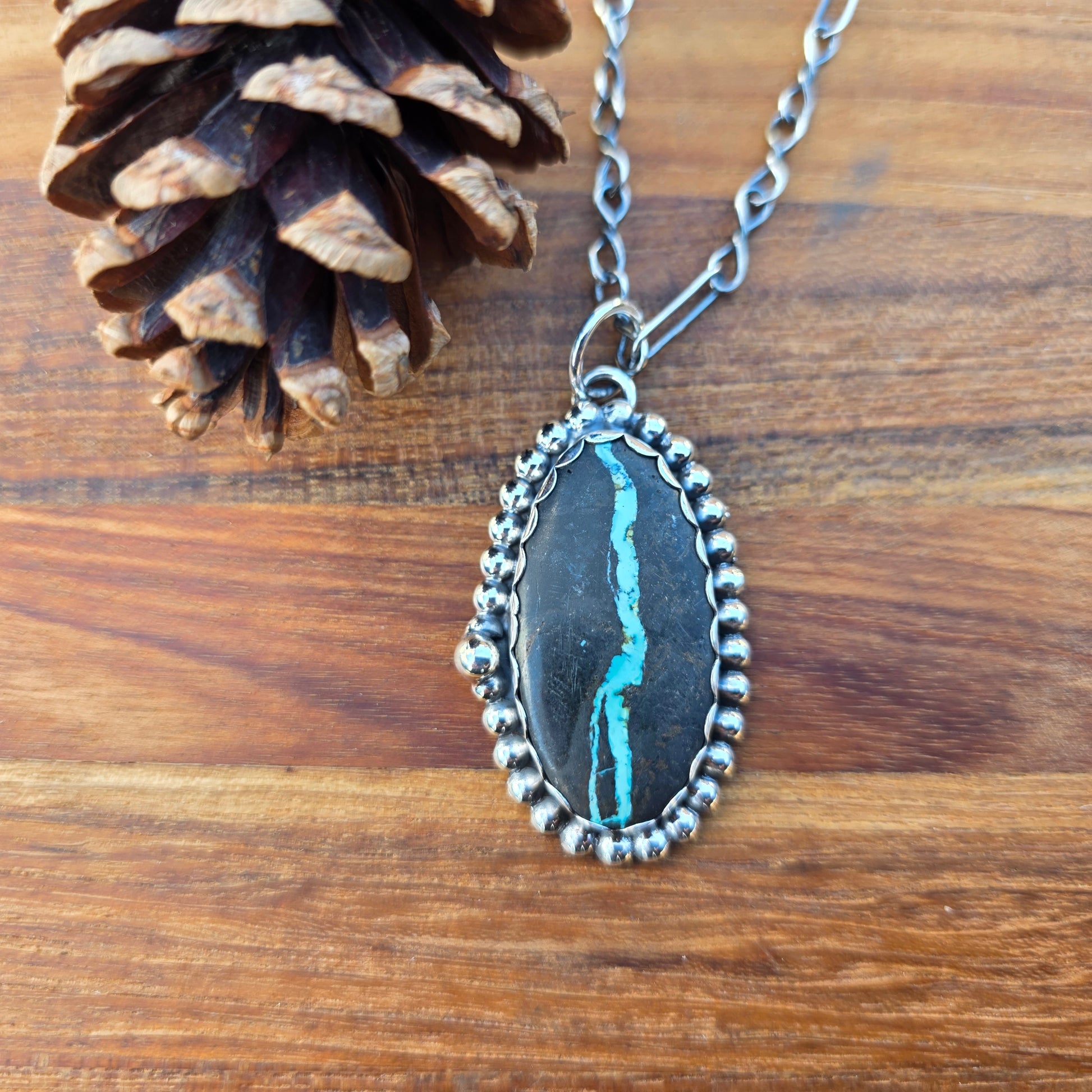 Sterling and Royston Ribbon turquoise pendant top view