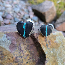 Load image into Gallery viewer, front profile of royston ribbon turquoise heart ring with feather wrap
