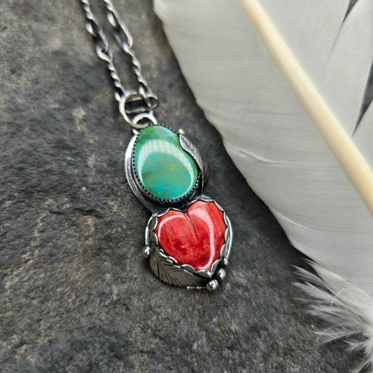 Royston Turquoise & Orange Spiny Oyster Feather Sterling Silver Pendant