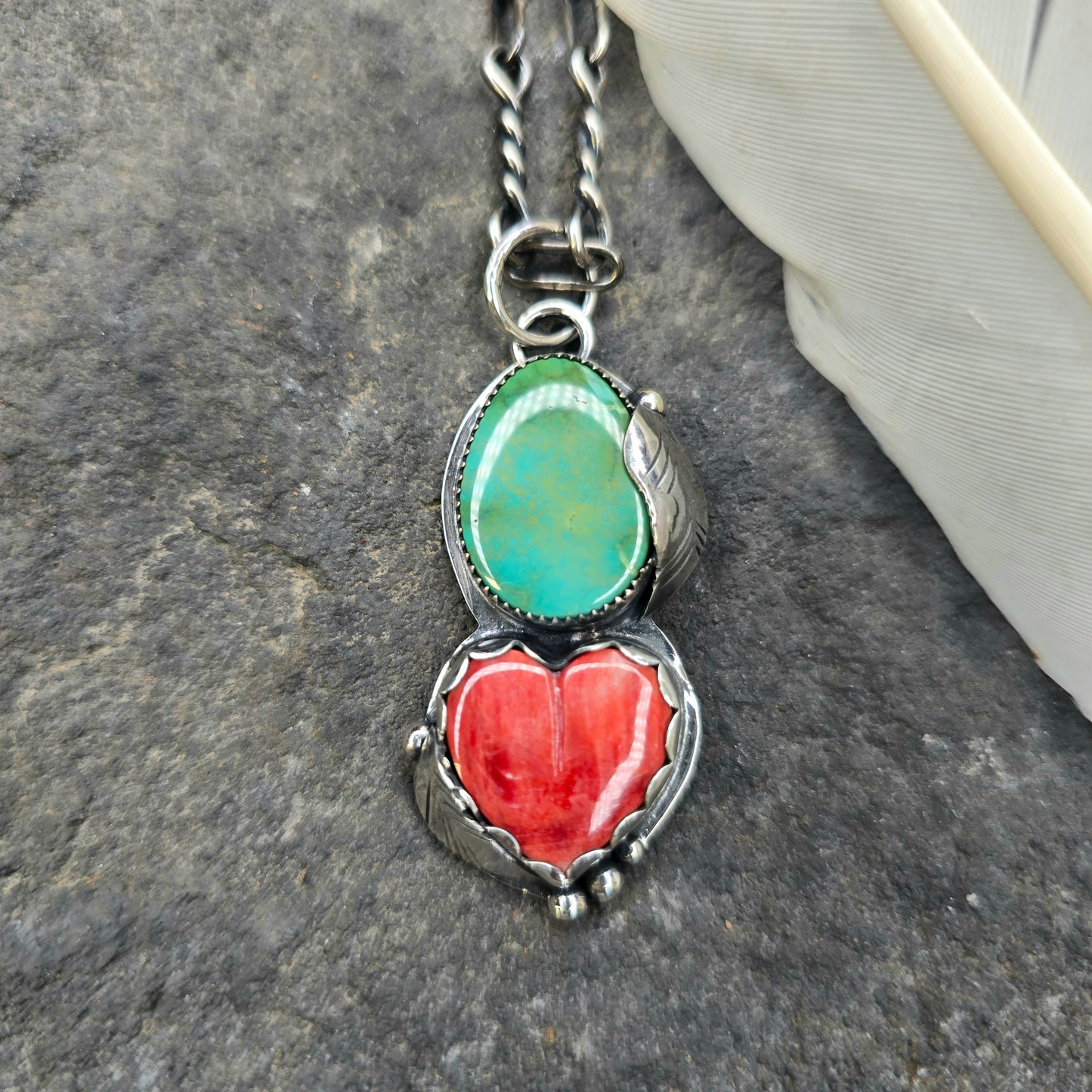 Royston Turquoise & Orange Spiny Oyster Feather Sterling Silver Pendant