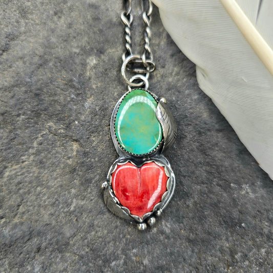 Royston Turquoise & Orange Spiny Oyster Feather Sterling Silver Pendant