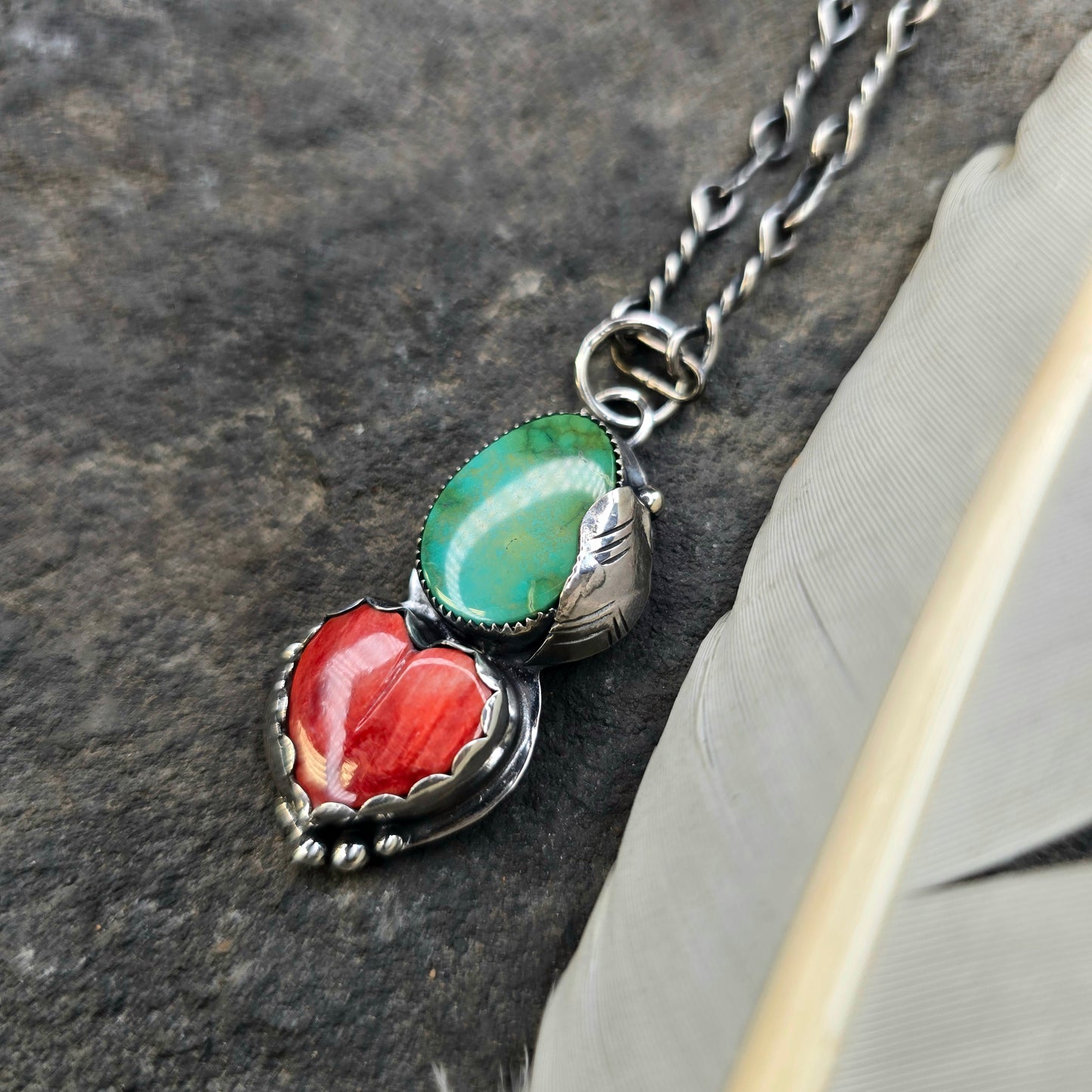 Royston Turquoise & Orange Spiny Oyster Feather Sterling Silver Pendant