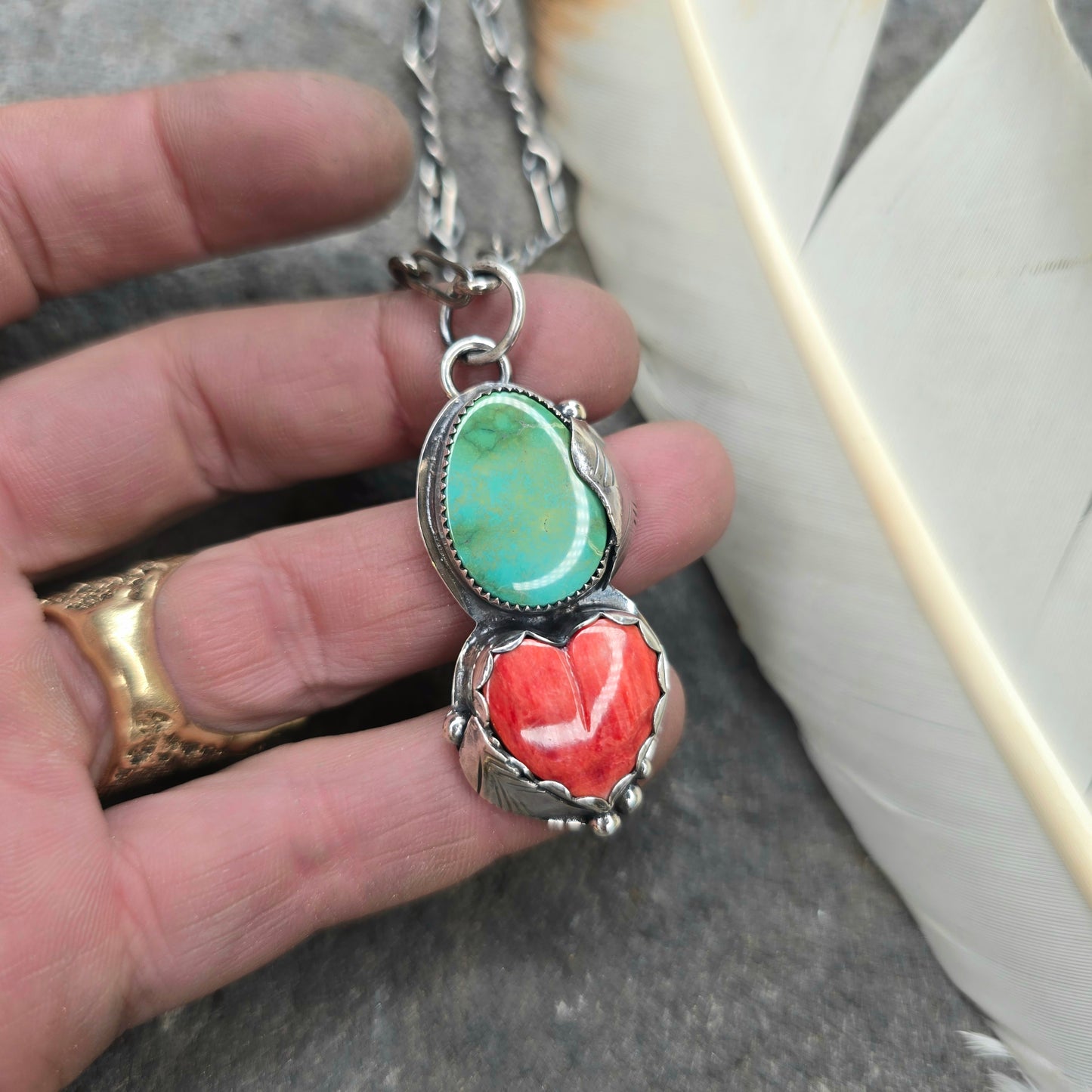 Royston Turquoise & Orange Spiny Oyster Feather Sterling Silver Pendant