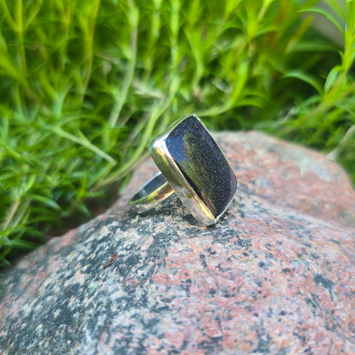 Midnight Sandstone Square Hand-Forged Sterling Silver Statement Ring