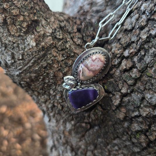 sterling leaf pendant with crazy lace agate and purple jasper displayed on tree