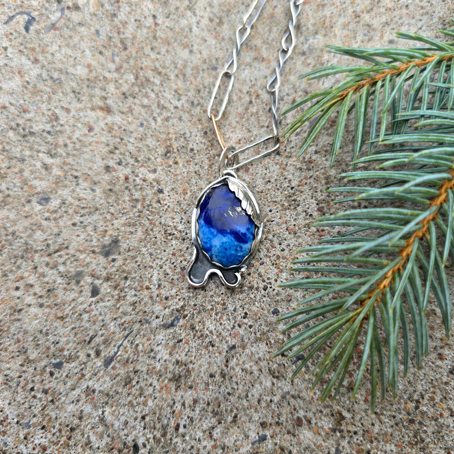 Blue & White Sodalite Feather Pendant in Hand-Forged Sterling Silver