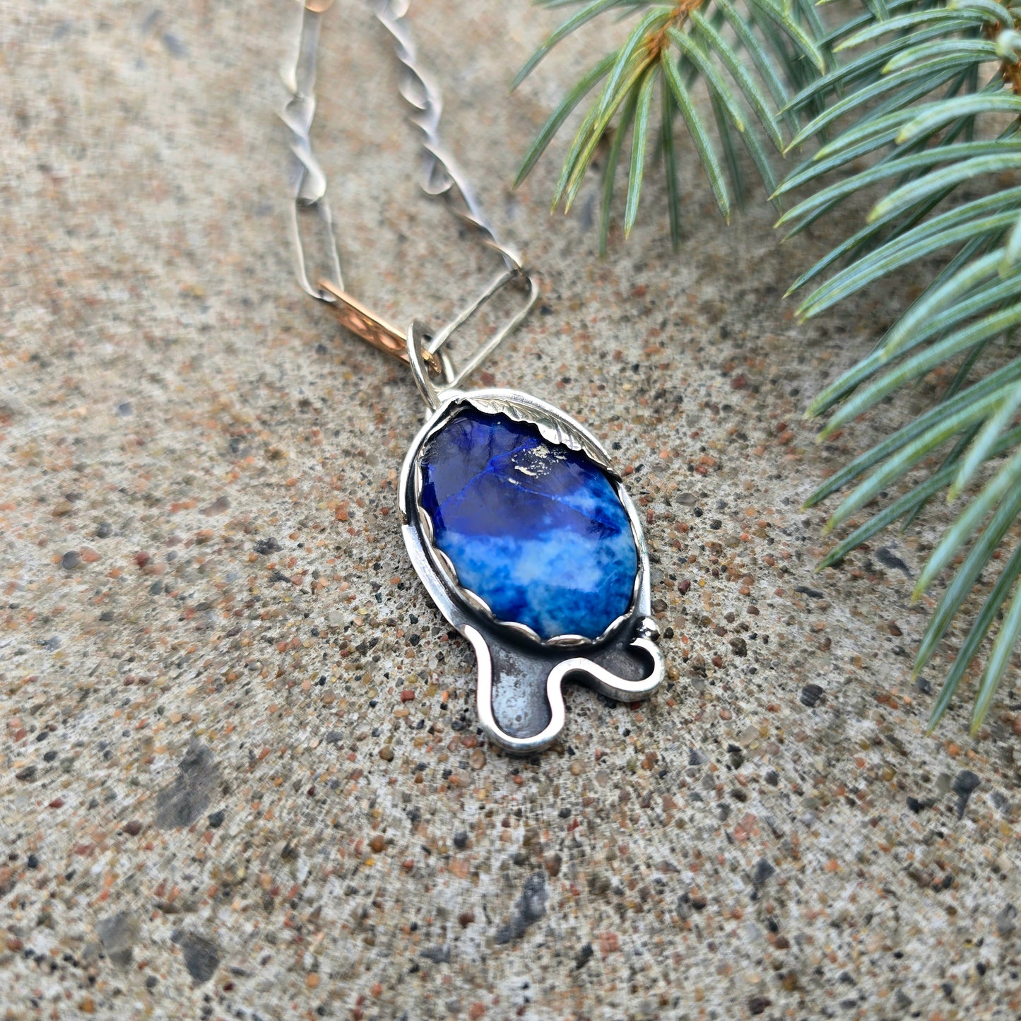 Blue & White Sodalite Feather Pendant in Hand-Forged Sterling Silver