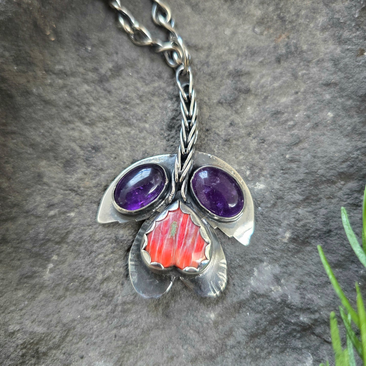 Amethyst & Orange Spiny Oyster Flower Sterling Silver Pendant