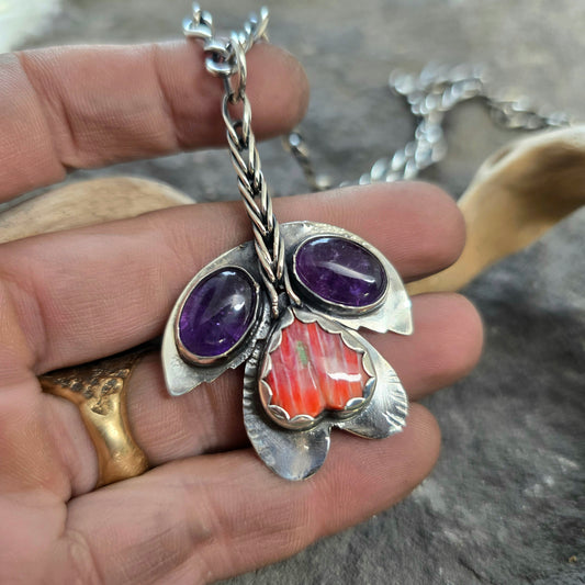 Amethyst & Orange Spiny Oyster Flower Sterling Silver Pendant