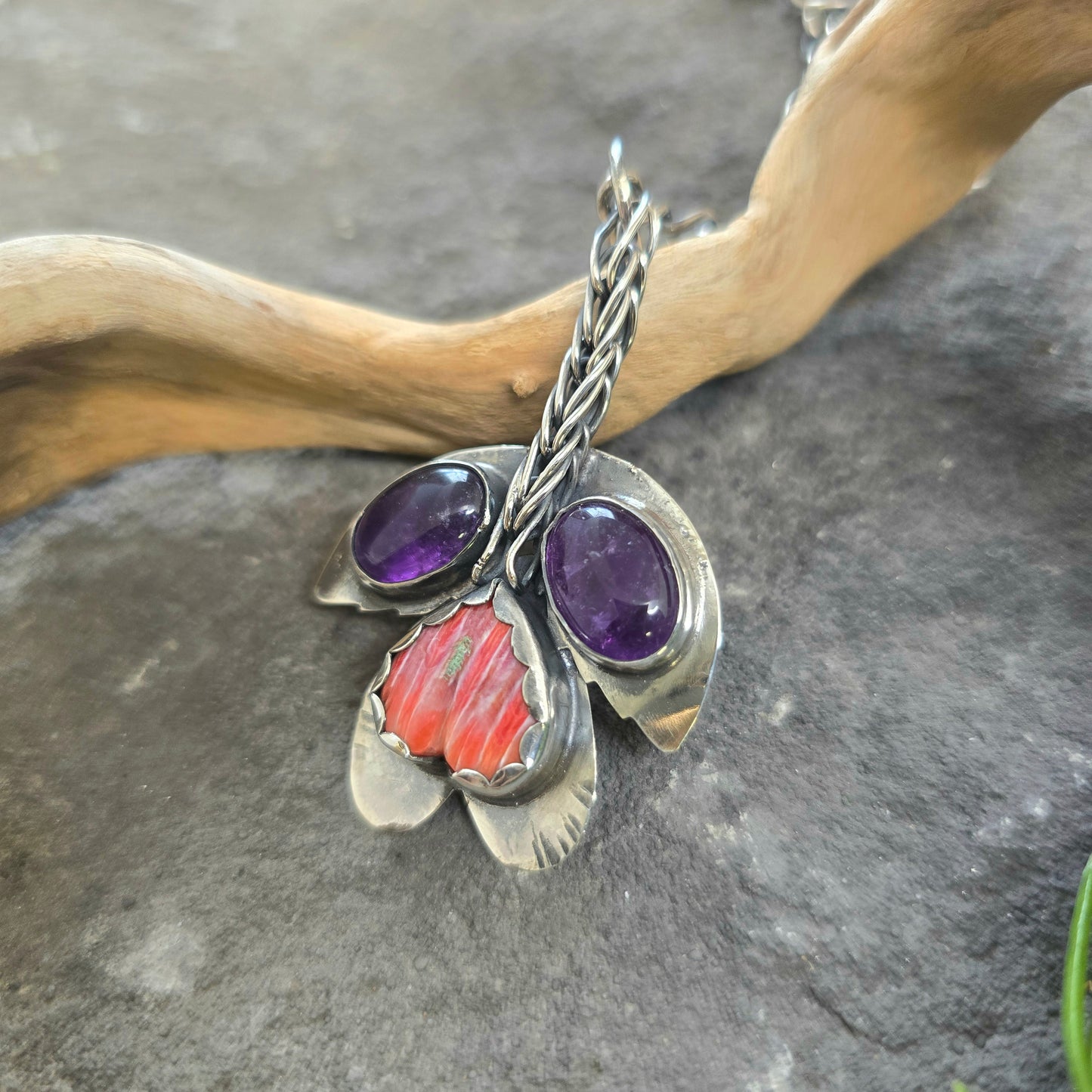 Amethyst & Orange Spiny Oyster Flower Sterling Silver Pendant