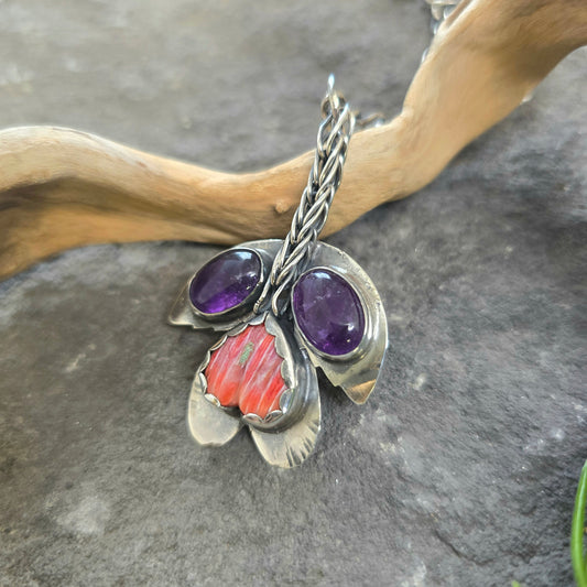 Amethyst & Orange Spiny Oyster Flower Sterling Silver Pendant