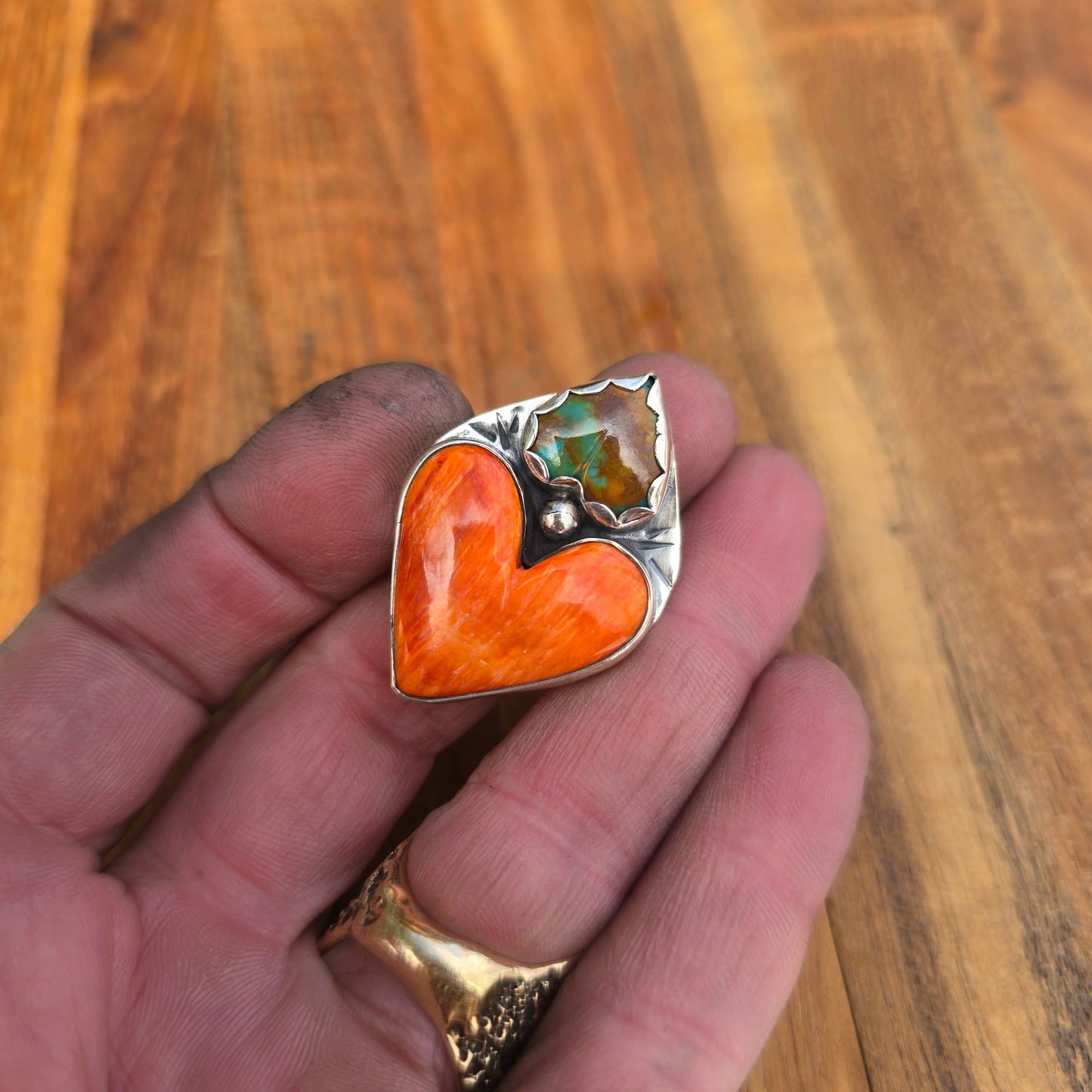 Orange Spiny Oyster & Turquoise Heart Ring — One-of-a-Kind Sterling Silver Statement