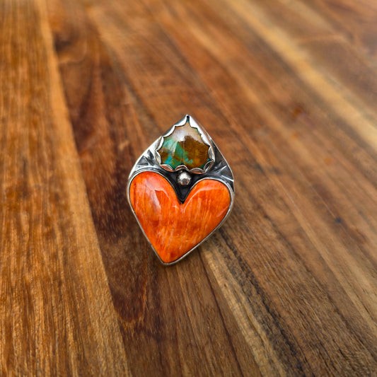 Orange Spiny Oyster & Turquoise Heart Ring — One-of-a-Kind Sterling Silver Statement