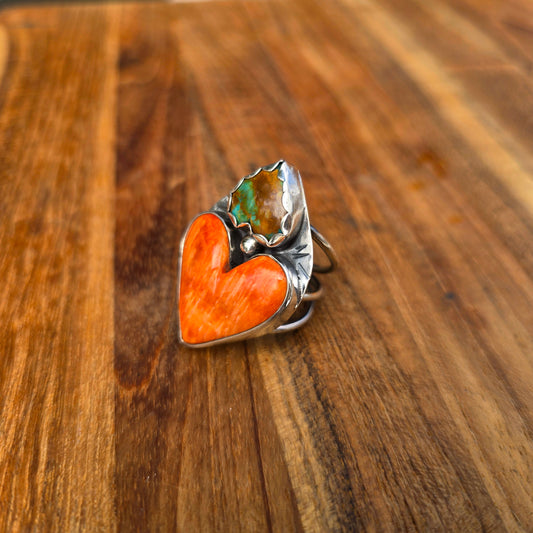 Orange Spiny Oyster & Turquoise Heart Ring — One-of-a-Kind Sterling Silver Statement