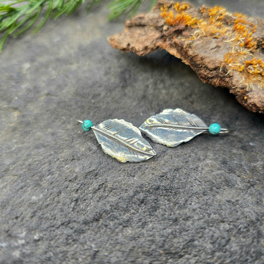 Aspen Leaf and Turquoise Hand-Forged Sterling Silver Threader Earrings