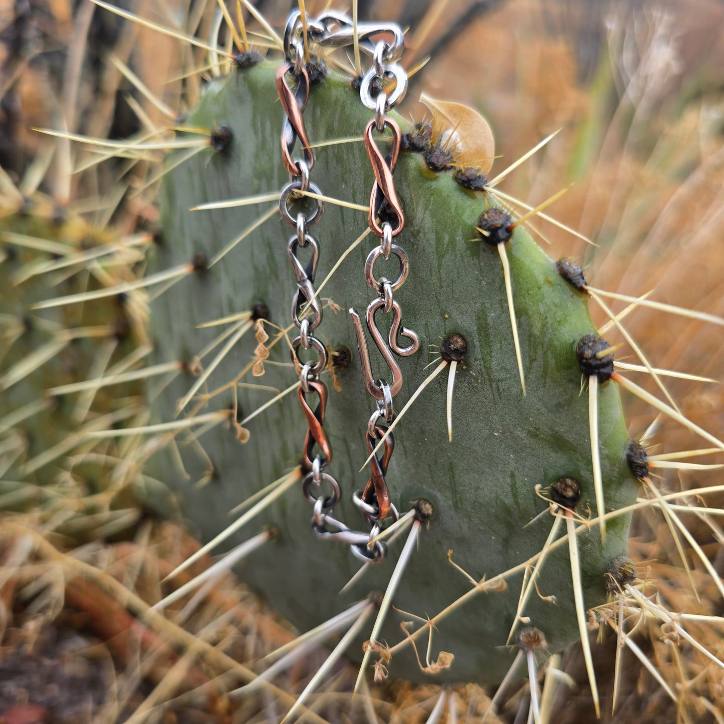 Oxidized bracelet with alternating copper and sterling silver infinity links formed from half round wire, displayed flat with a matching silver clasp in a natural setting.