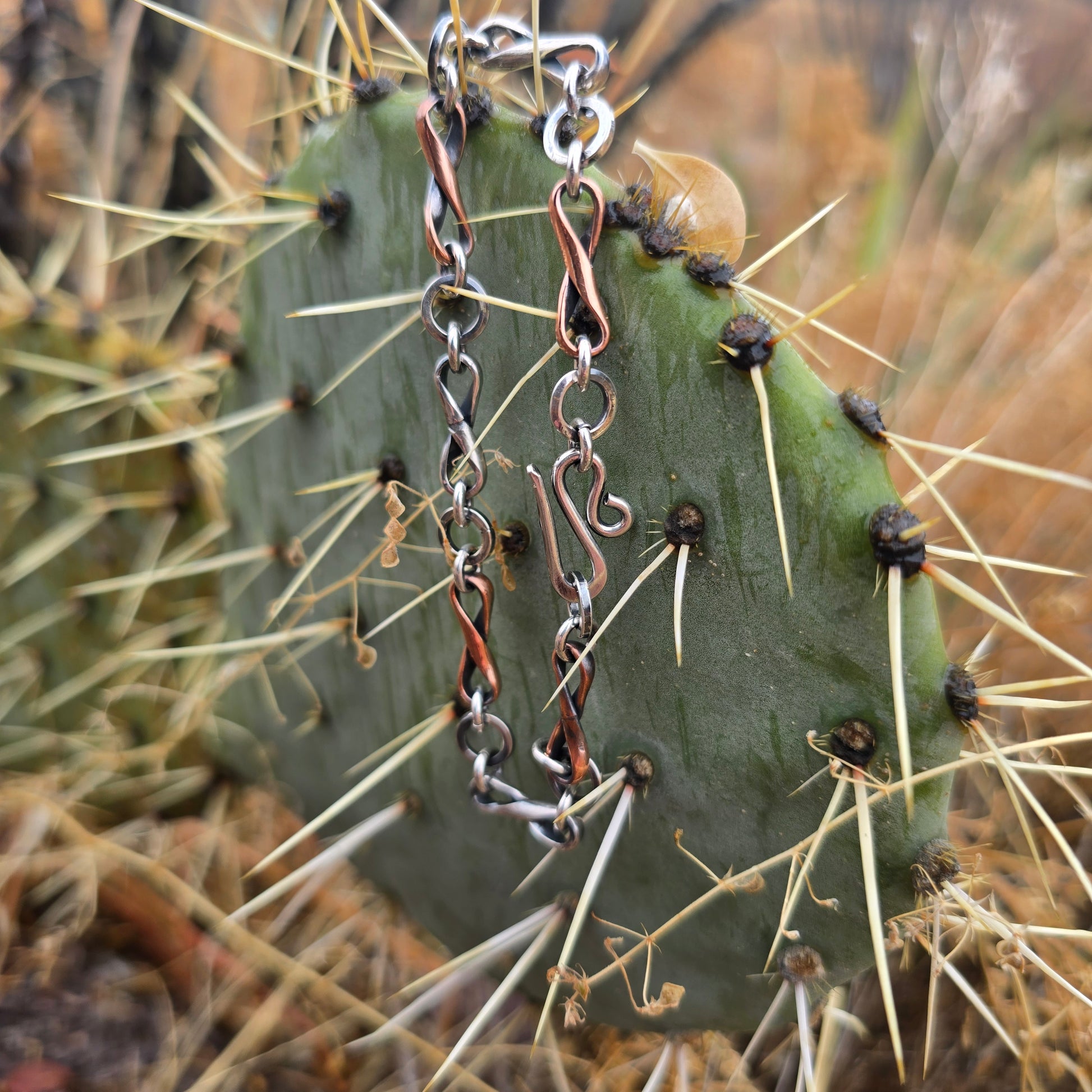 Oxidized bracelet with alternating copper and sterling silver infinity links formed from half round wire, displayed flat with a matching silver clasp in a natural setting.