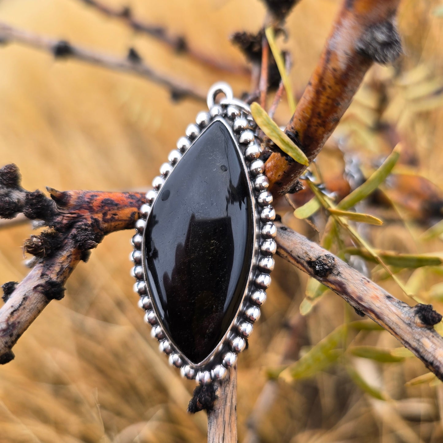 Sterling and black obsidian pendant displayed on branches angled view