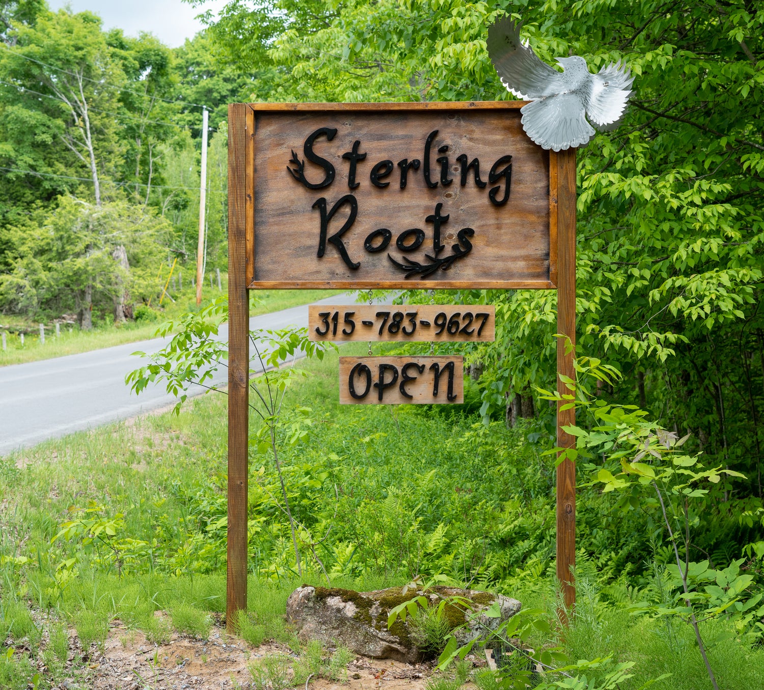 Sterling Roots sign marks the long driveway at the road in the Castorland New York