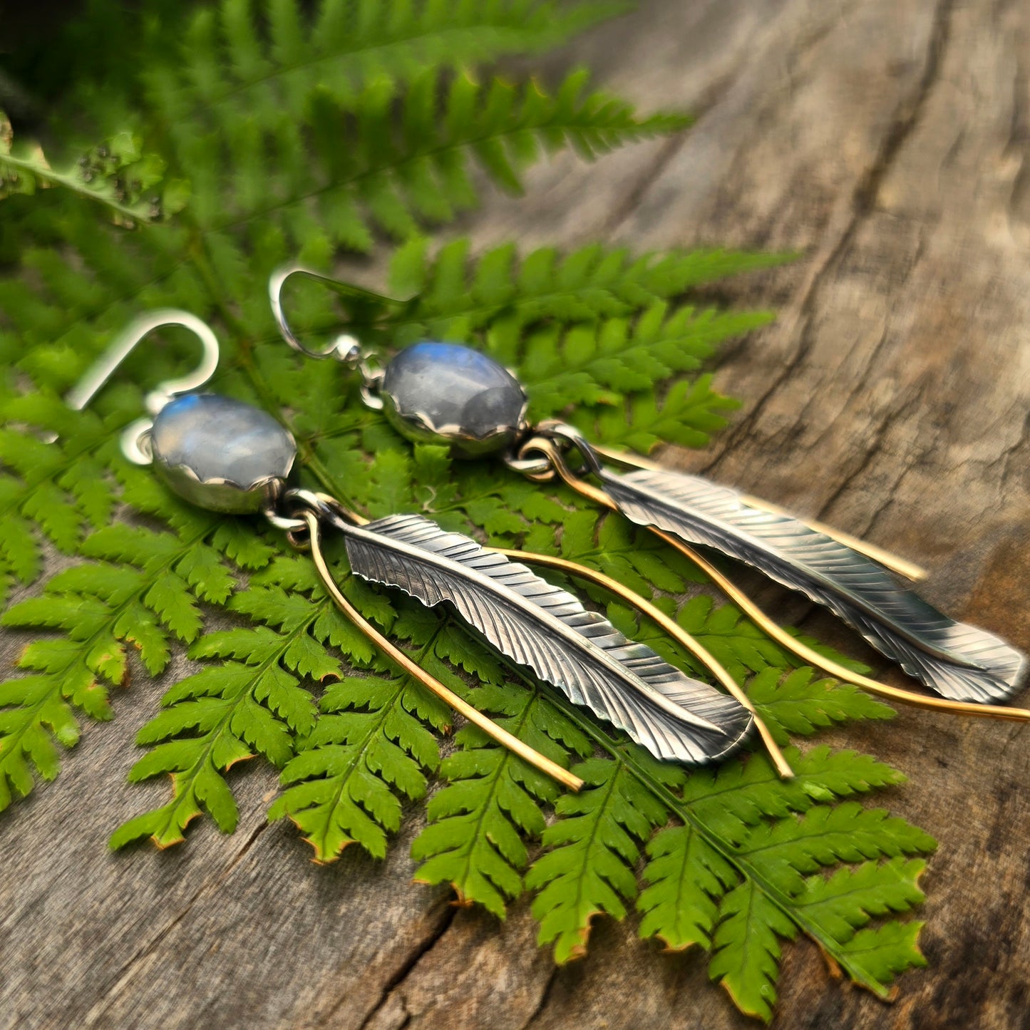 Rainbow Moonstone & 14k Gold-Filled Feather Earrings