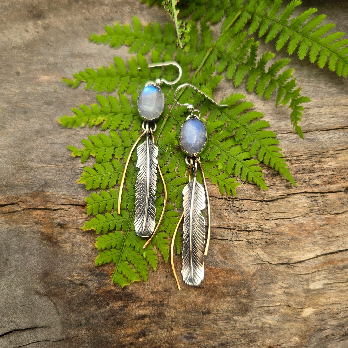 Rainbow Moonstone & 14k Gold-Filled Feather Earrings