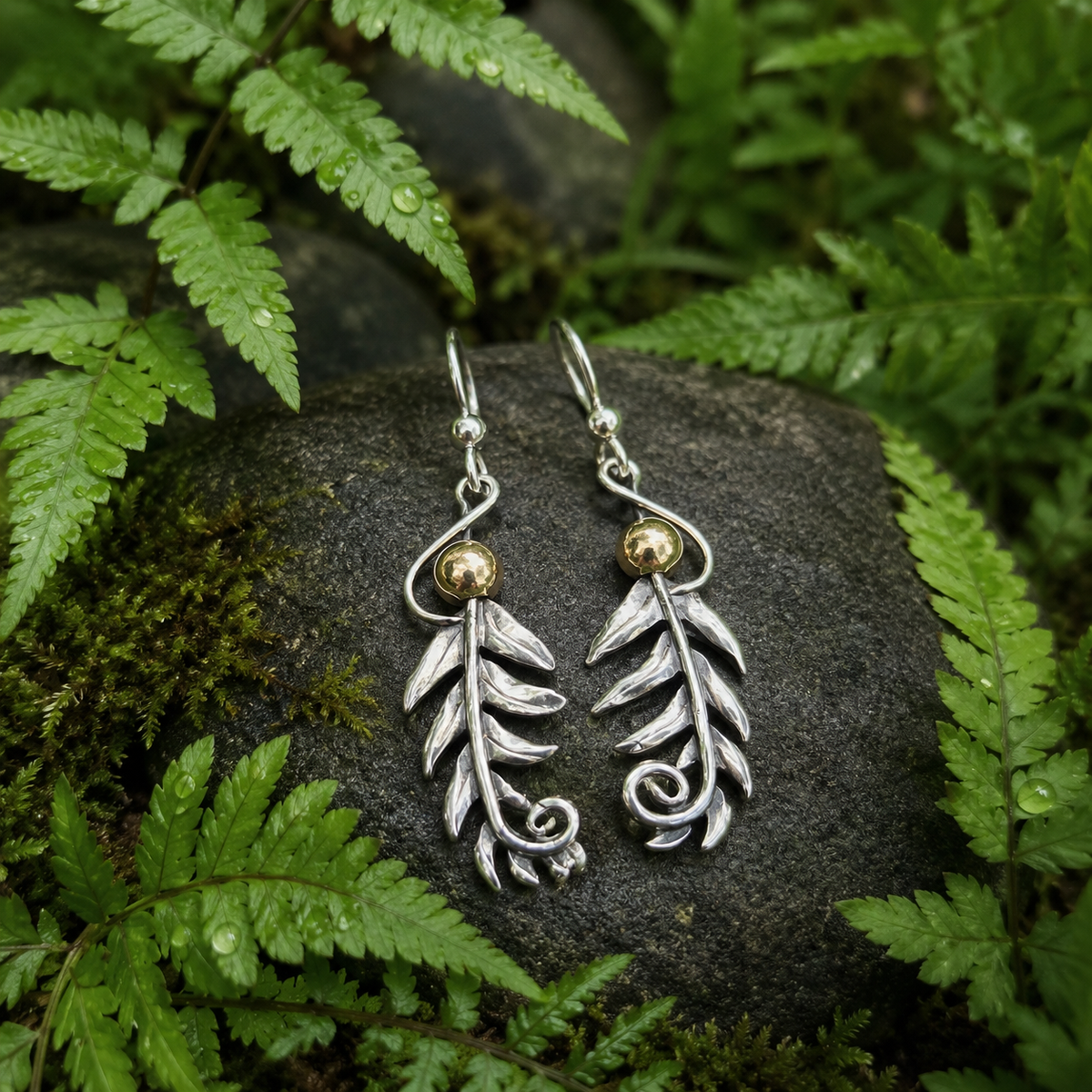 Fern Frond Sterling Silver & Gold Earrings