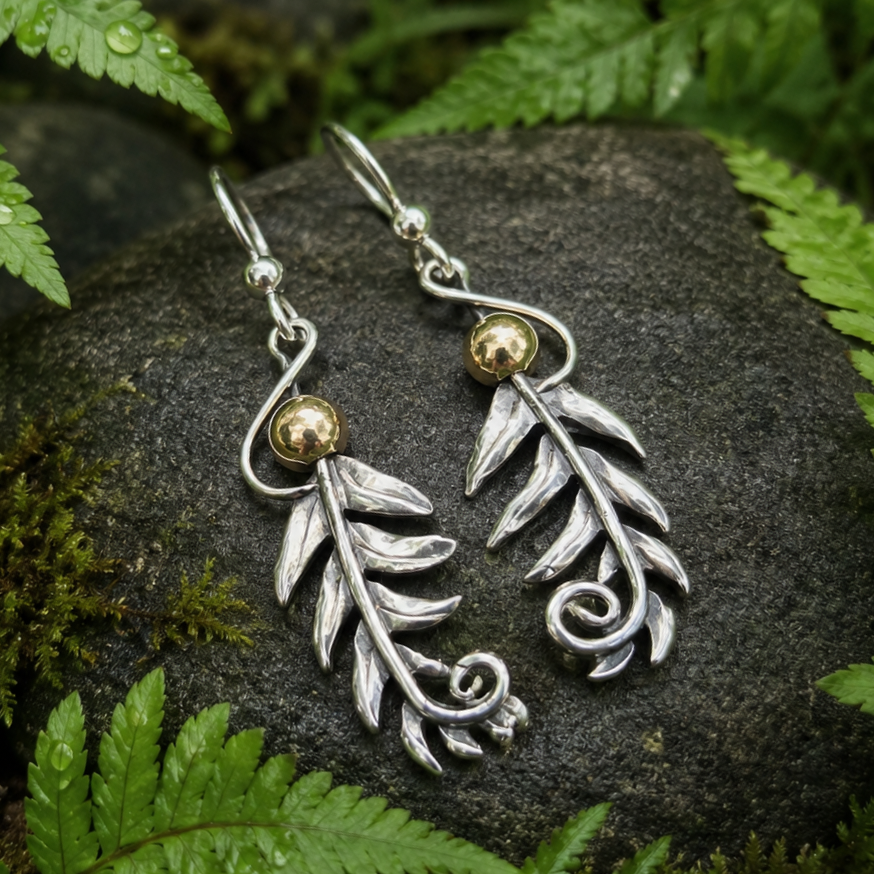 Fern Frond Sterling Silver & Gold Earrings