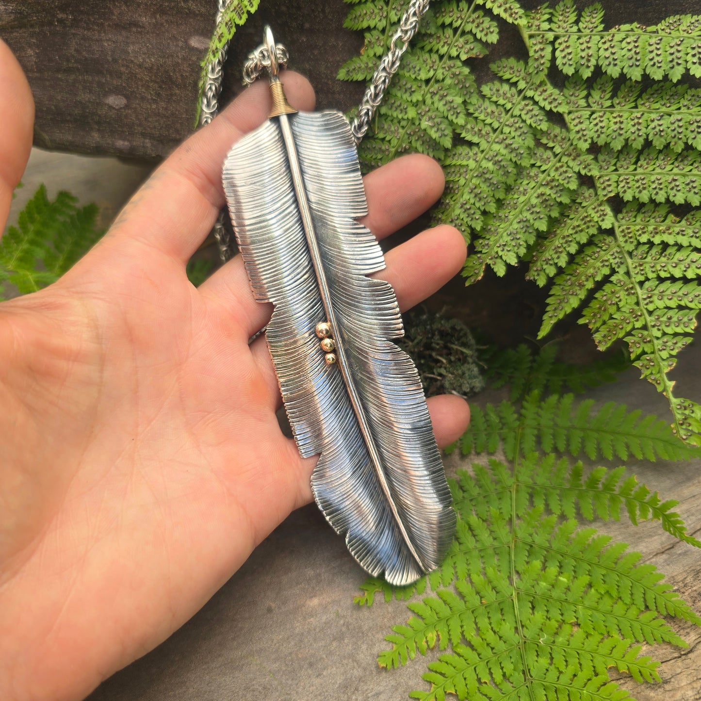 Feather Statement Necklace with Hand-Forged Byzantine Chain — Sterling Silver & 18K Gold Masterwork