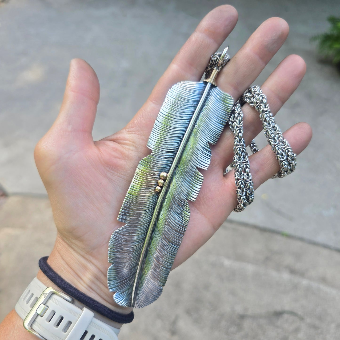 Feather Statement Necklace with Hand-Forged Byzantine Chain — Sterling Silver & 18K Gold Masterwork