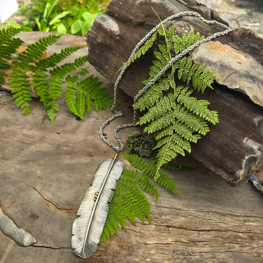 Feather Statement Necklace with Hand-Forged Byzantine Chain — Sterling Silver & 18K Gold Masterwork