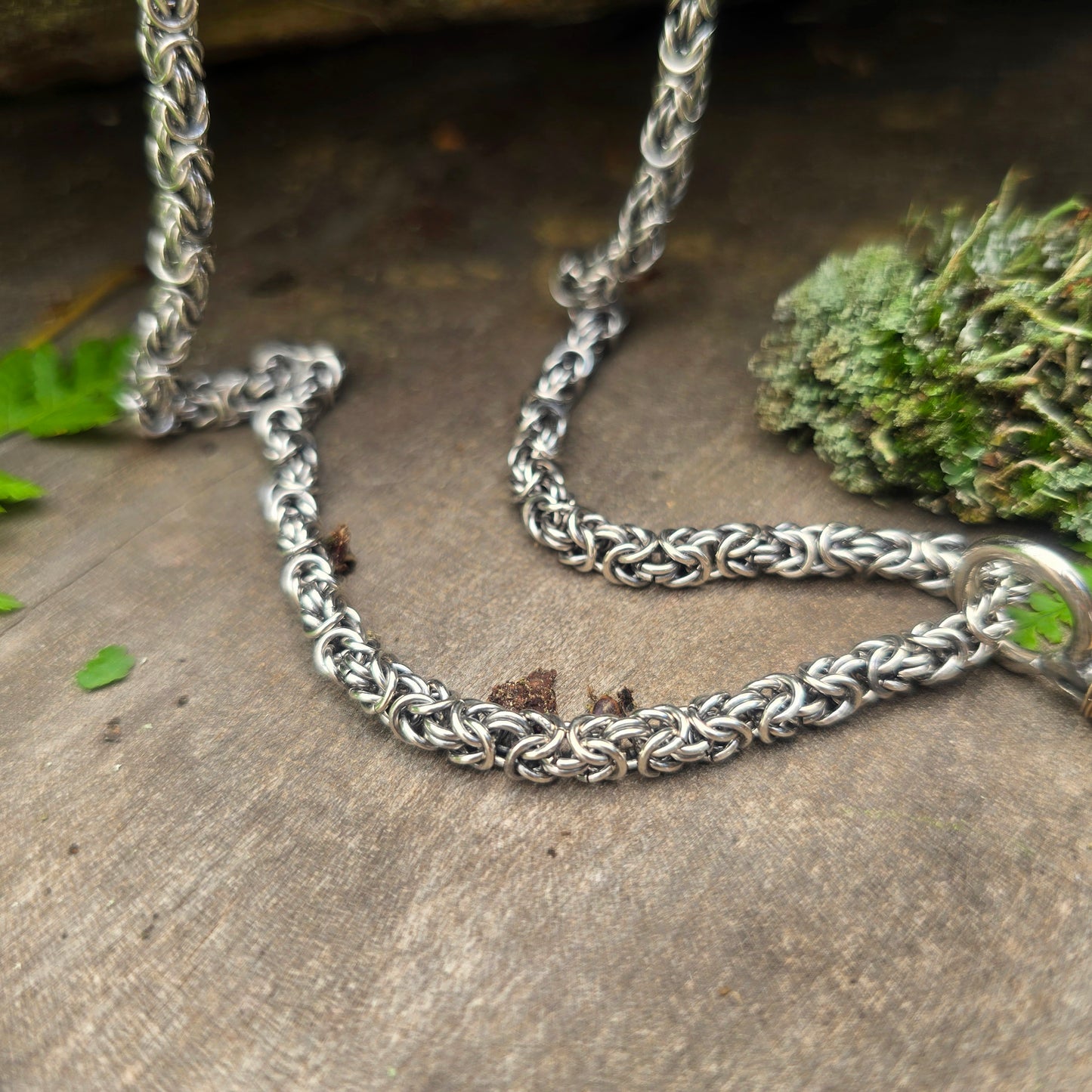 Feather Statement Necklace with Hand-Forged Byzantine Chain — Sterling Silver & 18K Gold Masterwork