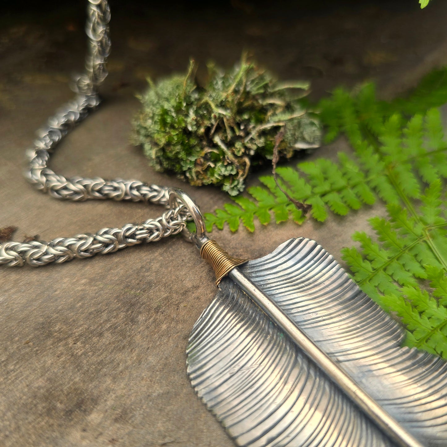 Feather Statement Necklace with Hand-Forged Byzantine Chain — Sterling Silver & 18K Gold Masterwork