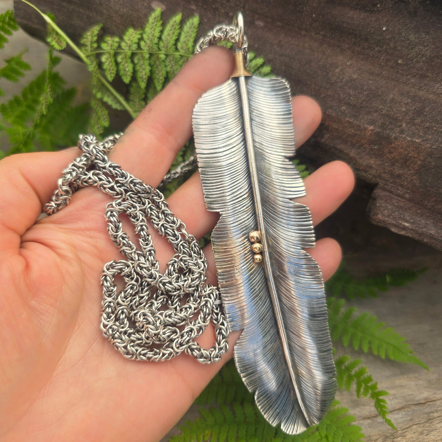 Feather Statement Necklace with Hand-Forged Byzantine Chain — Sterling Silver & 18K Gold Masterwork