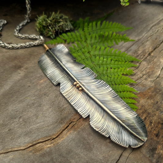 Feather Statement Necklace with Hand-Forged Byzantine Chain — Sterling Silver & 18K Gold Masterwork
