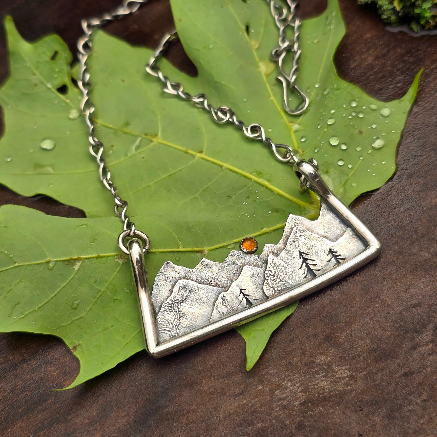 Three-Dimensional Mountain Scene Statement Necklace with Amber Sunrise