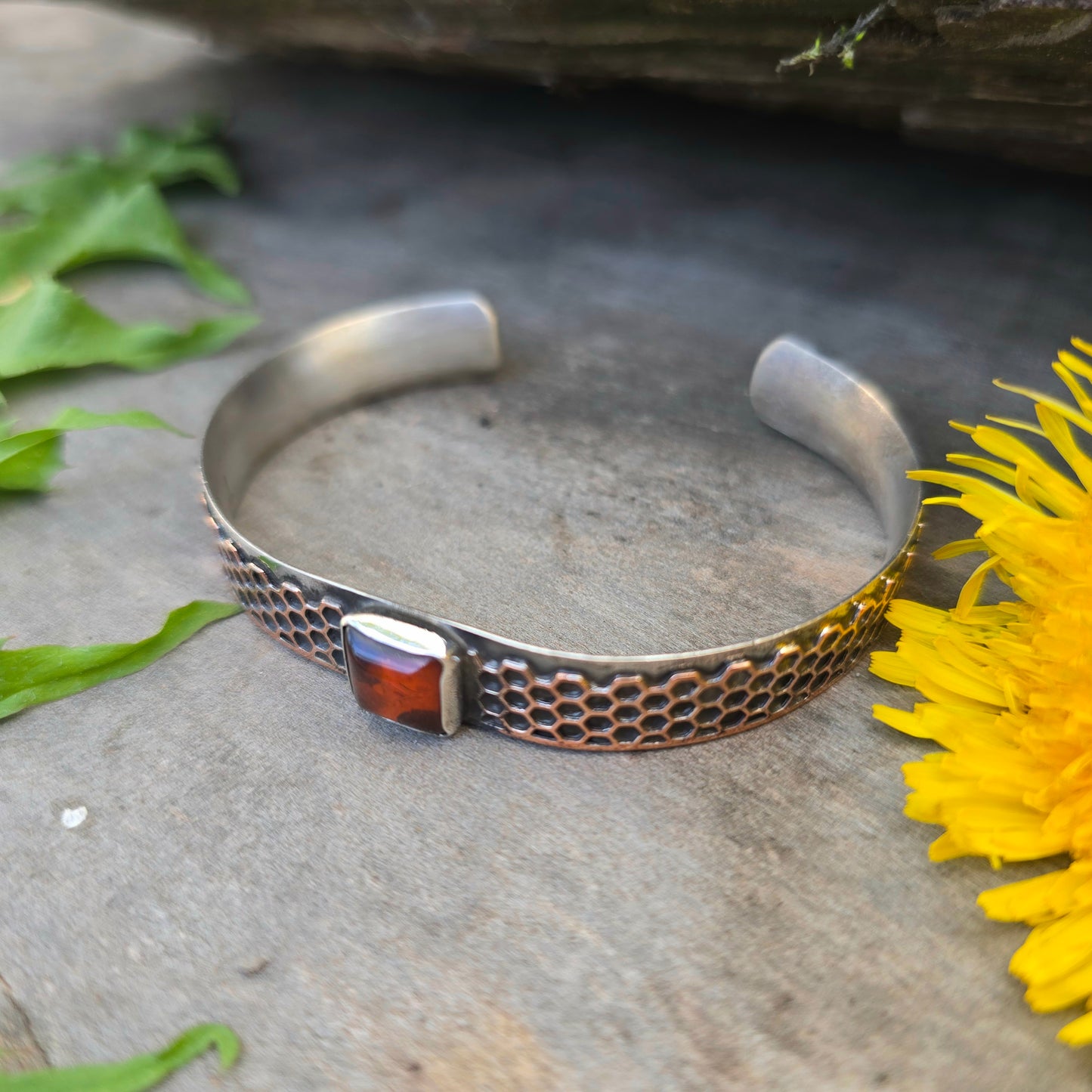 Hand-Forged Mixed Metal Honeycomb and Amber Sterling Silver Cuff Bracelet