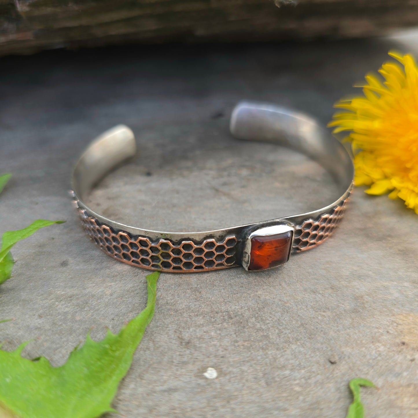 Hand-Forged Mixed Metal Honeycomb and Amber Sterling Silver Cuff Bracelet