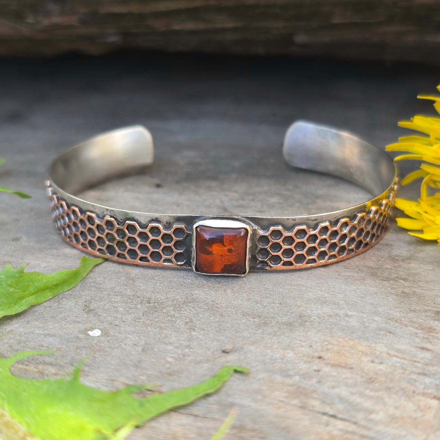 Hand-Forged Mixed Metal Honeycomb and Amber Sterling Silver Cuff Bracelet
