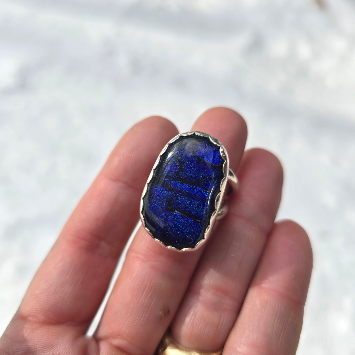 Deep Blue Dichroic Glass Statement Ring (One of a Kind) — Size 8.5