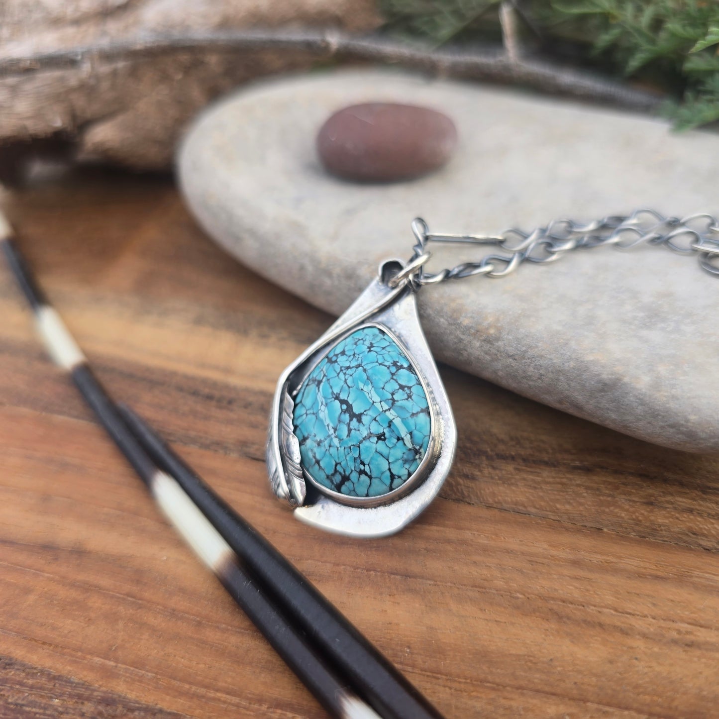 One-of-a-Kind Turquoise Feather Pendant in Hand-Forged Sterling Silver