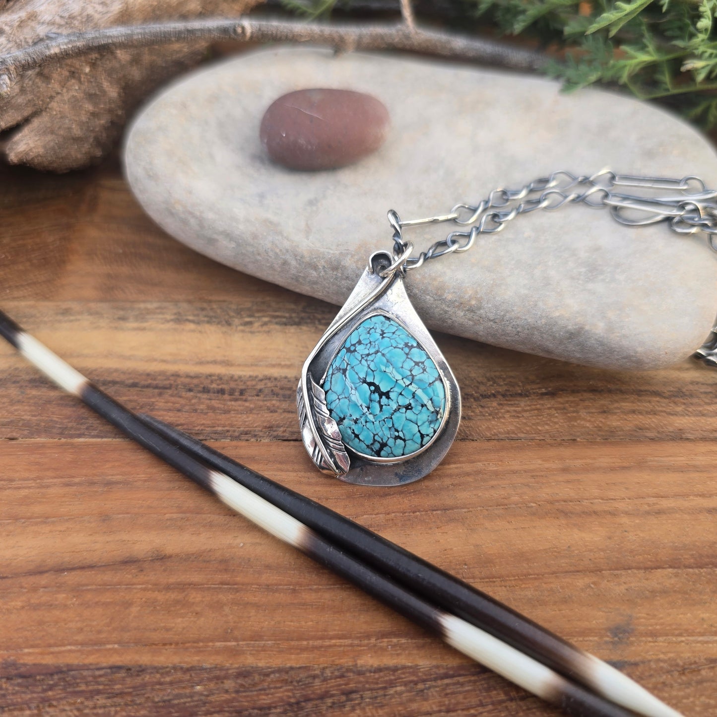 One-of-a-Kind Turquoise Feather Pendant in Hand-Forged Sterling Silver