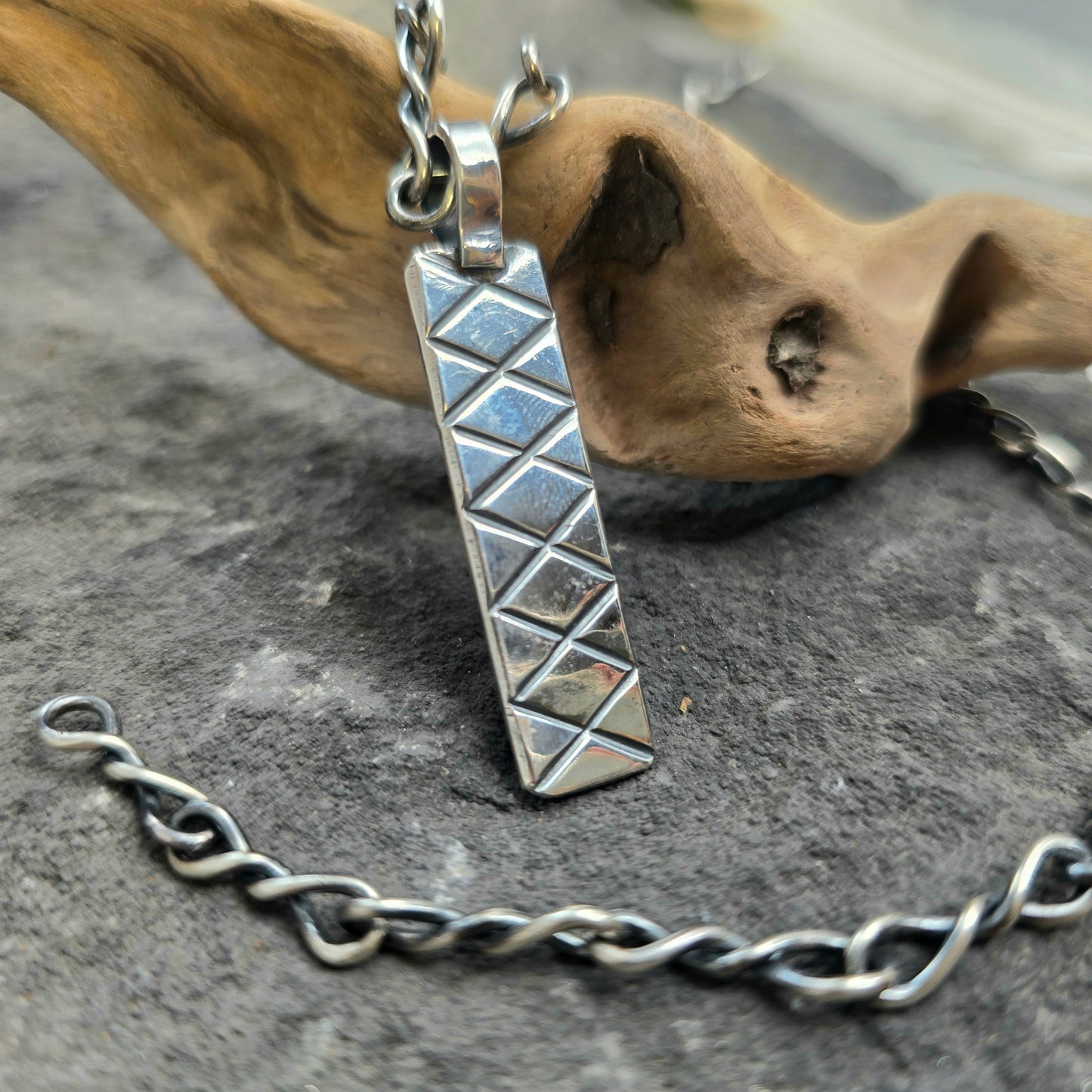 Hand-Stamped Geometric Bar Sterling Silver Pendant