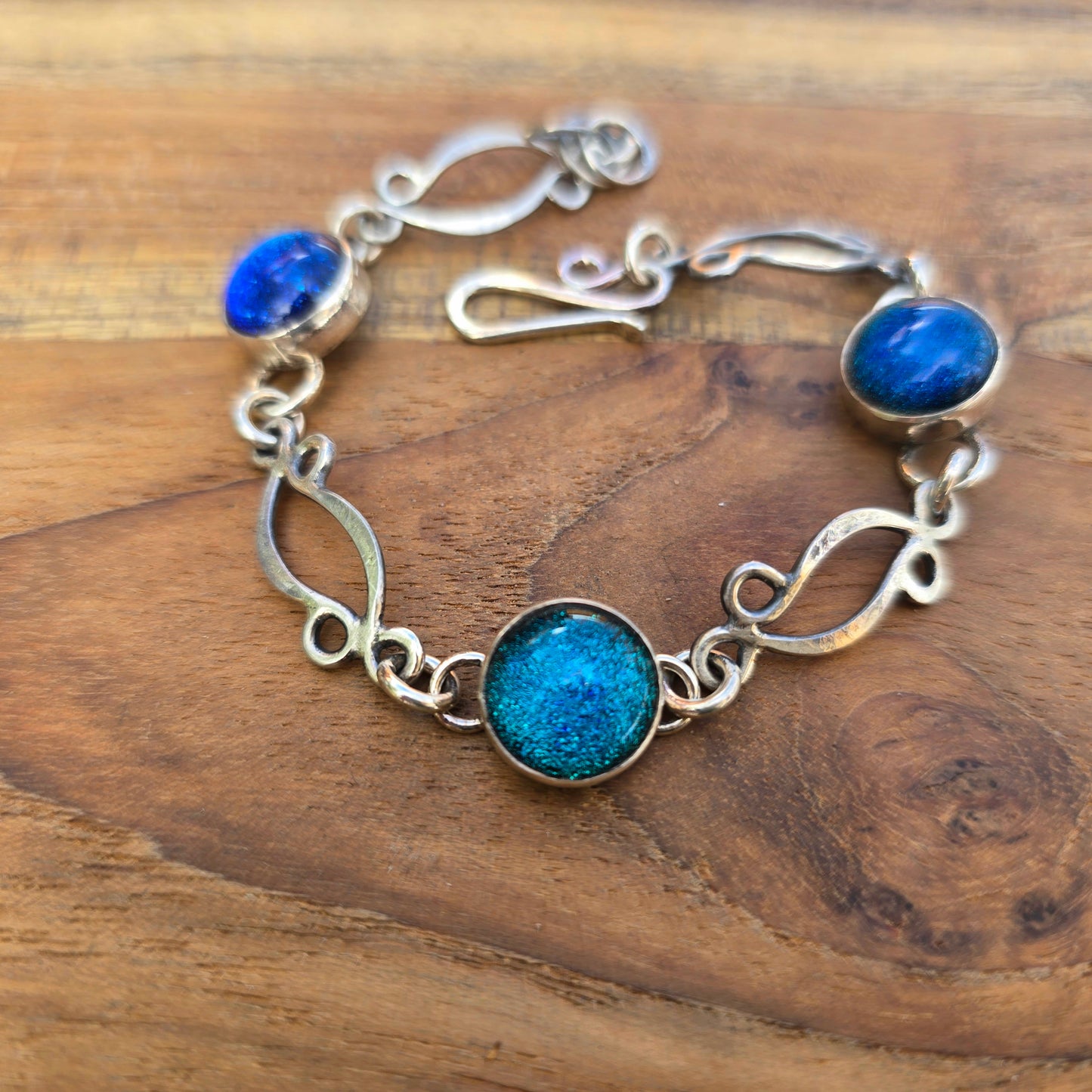 Blue Teal Dichroic Sterling Silver Windswept Link Bracelet